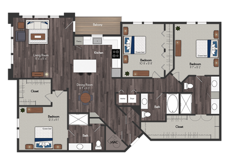 Floor plan for 3 beds, 2 baths, 1678 sqft